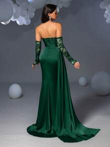 Đầm dạ hội ren corset phối màu tương phản, xẻ tà đuôi cá, thích hợp cho lễ cưới hoặc ngày Valentine. - Màu xanh lá cây đậm - Xem 2