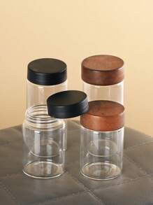 1pc Retro 2oz/4oz Wooden Lid Storage Glass Jar, Black Cap Bottle, Heatproof Glass Container, Black Plastic Lid Small Glass Bottle, Transparent Storage Glass Jar - Clear - View 3