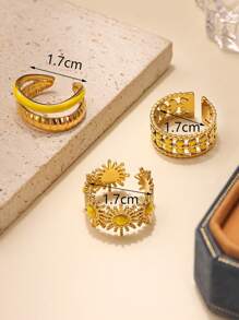 3pcs Minimalistic Stainless Steel Yellow Oil Drop Ring Set, Suitable For Women To Wear Daily Or As Gifts - Yellow Gold - View 3