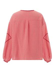 Women Long Sleeve Shirts Heart Embroidery Plaid Front Bowknot Tie-Up Blouses Fashion Spring Summer Casual Tops - 紅色 - 查看 7