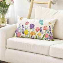1 PIEZA Funda de cojín decorativa de primavera con flores de tulipán, lavanda, eucalipto y mariposas, de 12 in * 20 in, para sofá, sin relleno