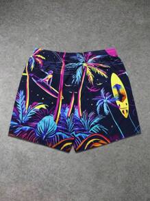 Men's Summer Sports Shorts, Gradient Palm Tree Print Decor, Suitable For Beach, Sports, And Vacation