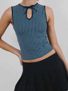 Women Tank Top Keyhole Crew Neck Sleeveless Summer Casual Slim Fit Cute Plaid Basic Shirt Blouse - 藍色 - 查看 4