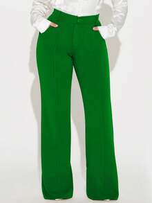 Women's Solid Green Pocket Elegant Straight Leg Pants, Suitable For Commuting, Spring/Summer - Green - View 4