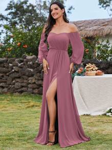 EVERPRETTY Elegant Spring Sweetheart Neck Off Shoulder Split Thigh Chiffon Dusty Pink Bridesmaid Dresses Formal Dress