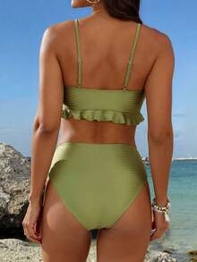 Swim Summer Beach 3pcs Tropical Print High Cut Bikini Set With Cover Up - Green - View 4