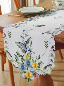 1pc Polyester Decorative Table Runner, Elegant Colorful Embroidery & Cutout Butterfly & Flower Pattern, Suitable For Kitchen, Dining Table, Room Decor, Dressing Table, Coffee Table, Book Desk, Anti-Hot Anti-Stain Table Mat, Home Decor, For Indoor Outdoor, Party, Wedding - Blue - View 1