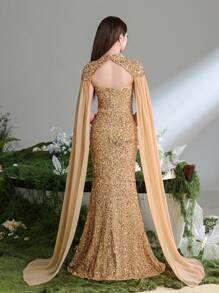 Suknia wieczorowa typu syrena dla nastolatek z golfem i rękawami z szyfonu do ziemi – luksusowa formalna sukienka na gale typu black-tie, konkursy piękności, gale ukończenia szkoły i stroje ceremonialne - Szampan - Zobacz 3