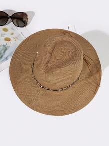 1pc Women Wide Brim Leopard Print Panama Straw Beach Hat With Ribbon - Khaki - View 4