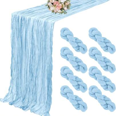8 Pack 6ft Bohemian Cheese Cloth Gauze Table Runners Semi-Transparent For Wedding Decoration, Valentine's Day, Bridal Shower, Birthday Party, Table Decoration (Light Blue)