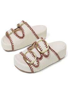 Summer Raffia Platform Sandals Women Thick Bottom Rivit Buckle Slippers Comfy Fashion Dress Beach Women Slides Shoes - 白色 - 查看 4