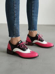 Francesine retrò da donna, Scarpe Oxford con lacci, in pelle laminata con platform piatto, a patchwork - Fucsia - Visualizzare 6