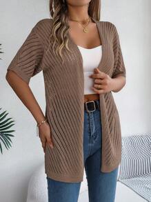 Casual Hollow Out Knit Short Sleeve Cardigan, Spring/Summer - Coffee Brown - View 5