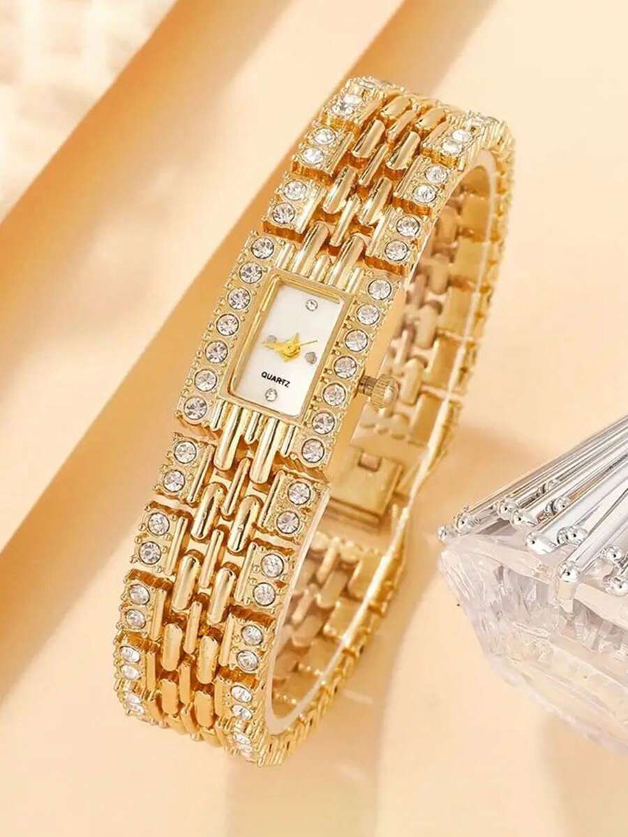 1 套优雅女士金色锌合金水钻表盘石英腕表，耐震 - 送给她的理想礼物 - 金色 - 查看 1