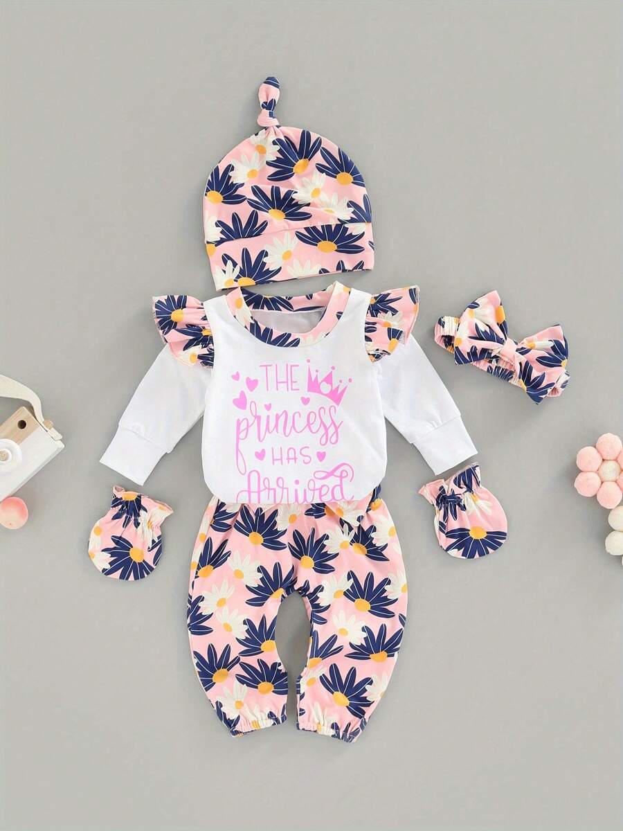 Baby Suit Set Letter Print Round Neck Long Sleeve Romper Floral Print Long Pants