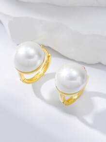 1 Pair Elegant Semi-Circular Pearl Clip-On Earrings, Minimalist & Versatile Accessory For Women, Suitable For Festivals
