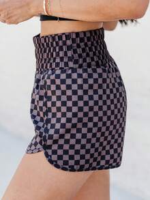 Acelitt 女士格子豹纹高腰直筒开衩休闲短裤，适合海滩度假，黑色夏季款 - 黑色 - 查看 3