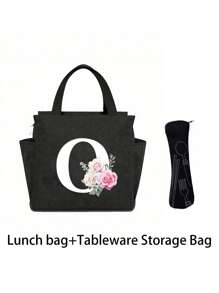 2 pièces/Set Sacs isothermes imprimés avec lettres A-Z et boîte de rangement pour couverts, sac à lunch à double poche
