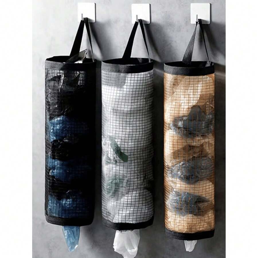 1pc Garbage Bag Storage Hanging Bag, Wall-Mounted Drawstring Shoe Storage Bag, Kitchen Plastic Bag Storage Box, Woven Net Bag, Plastic Bag Rack With Hanging Net Storage, School Supplies, College Student Storage Bag, Storage Bag, Storage Box, Storage, Kitchen