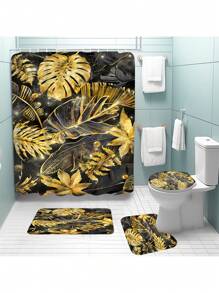 1pc/4pcs Tropical Green With Gold Edges Plant Banana Leaf Bathroom Set, Waterproof Shower Curtain With 12 Hooks, Bath Mat, Toilet U-Shaped Pad, Toilet Lid Cover, Bathroom Divider, Bathroom Accessories, Bathroom Decor