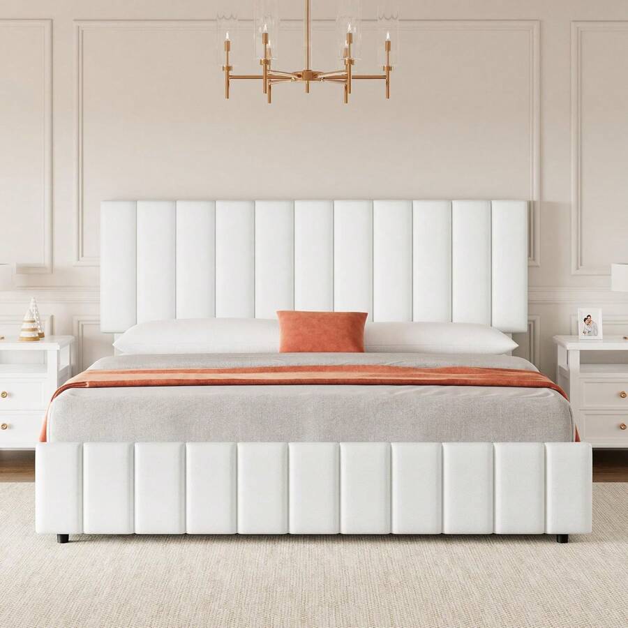 CuisinSmart Full/Queen/King Size Bed Frame With 4 Storage Drawers And Adjustable Headboard,PU Leather Upholstered Platform Bed Frame With Wooden Slats Support,No Box Spring Needed,Easy Assembly - trắng - Xem 1