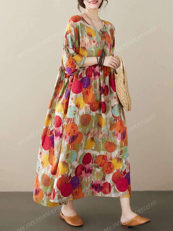 Tops Boho Style Plus Size Casual Holiday Beach Dress, Polka Dot Dress, Summer Fake Japanese Yen Collar Shoulder Sleeved Loose Skirt Short Sleeved Dress,