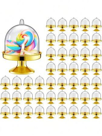 12pcs Golden Mini Plastic Cupcake Stands With Lids, Mini Cake Box, Perfect For Parties, Weddings, And Festive Occasions - Includes, Easter, Graduation, Party Supplies, Wedding Holiday, Birthday, Valentine's Day, Spring Festival Holiday, And Carnival Themes - Made Of PVC, No Electricity Required (Gold, Transparent)