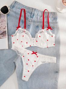 1 Set Women Solid Color Heart Print Red Strap Front Hook Bra And Panty Set, Comfortable Lingerie - White - View 3