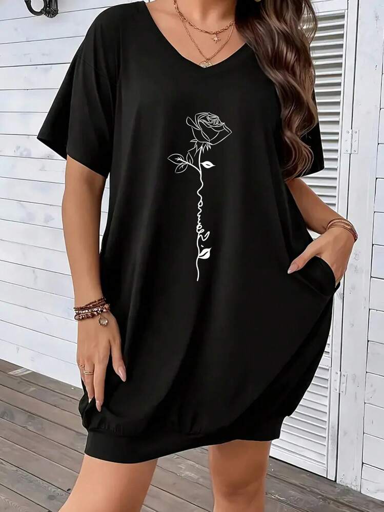 Vestido casual de verano con cuello en V y manga corta para mujer talla grande, negro, elegante para vacaciones - Negro - Añade 1