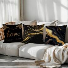 4pcs Set Simple Black & Gold Marble Texture Home Cushion Cover, Single-Sided Printed Peach Velvet Material, 45*45CM/18*18inch Throw Pillow Case Suitable For Modern Minimalist Sofa, Living Room Decor, Gift, Party Decoration