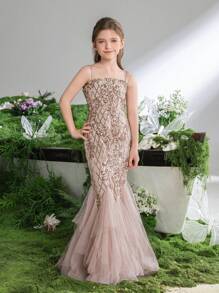 Tween Girls Enchanting Children's Gown With Sequin Embroidery - Pastel Pink Spring Ensemble For Birthday Parties & Flower Girl Ceremonies(Easter Dress Girls) - Champagne - View 2