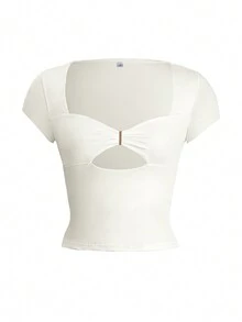 Áo thun nữ Vaiaye cổ chữ V khoét sâu gợi cảm, tay ngắn, kiểu dáng retro, thích hợp mặc đi làm và tập thể dục, phù hợp cho cả mặc hàng ngày và đi làm. - Màu mơ sữa - Xem 3