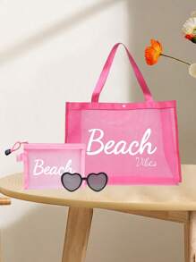 粉色网眼手提包，带有海滩字母印花设计，配有化妆包和太阳镜，网眼化妆包和靠垫粉扑收纳便携式化妆包，带有海滩字母印花设计，沙滩包 - 粉色 - 查看 2