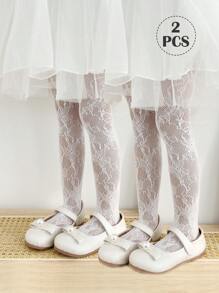 2 件女童和幼儿花卉提花紧身裤，黑白纯色，玫瑰花朵网眼无脚紧身裤，可爱的学院风无脚裤，适合日常穿着，搭配裙子、短裤、鞋子，开学季 - 彩色 - 查看 11