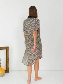 Short-Sleeved Shirt Dress Front Buttons Mid-Length Sleeves Cuffs Can Be Turned Up To Form Short Sleeves - Black - View 2