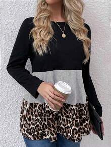 女士豹纹印花 T 恤时尚休闲日常舒适