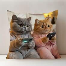 1pc 17.7*17.7 Inch (45*45cm) Couple Cat Playing Game Print Polyester Pillow Cover [Single-Sided Print][Pillow Inner Not Included], Suitable For Home Decor, Sofa, Bed, Car, Etc.
