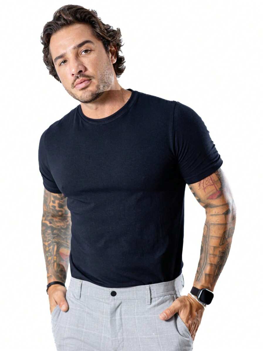 Basic Short Sleeve T-Shirt With Elastane Peruvian Mesh Slim Premium - màu đen - Xem 1