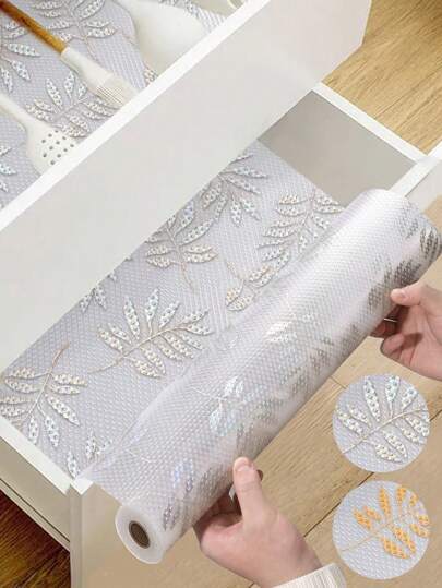 1 卷银色金色叶子图案加厚厨房橱柜搁板衬垫不粘抽屉衬垫防滑橱柜衬垫可清洗 EVA 冰箱衬垫易于切割冰箱垫