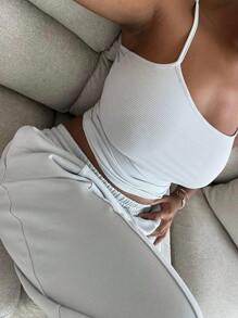 Women's Solid Color Spaghetti Strap Minimalist Top And Pants Casual Set - 白色 - 查看 2