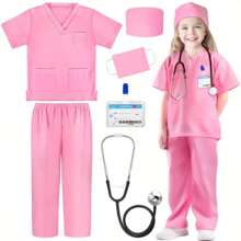 Conjunto de 6 piezas Disfraz de doctor para niños con bata quirúrgica y accesorios, disfraz de Halloween para niños y niñas pequeños, color rosa