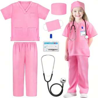 GINMIC 6pcs Doctor Costume For Kids Scrubs With Accessories Costume For Kids Toddler Halloween Costumes For Kids Pink