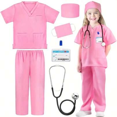 GINMIC 6st Doctor Kostym för barn Scrubs med tillbehör Kostym för barn Småbarn Halloween kostymer för barn Rosa