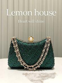 1pc Shiny Elegant Rhinestone Embellished Dark Green Clutch Bag, Fashion Lady's Graceful Handbag For Evening Party, Cocktail, Wedding, Banquet, Prom - Dark Green - View 2