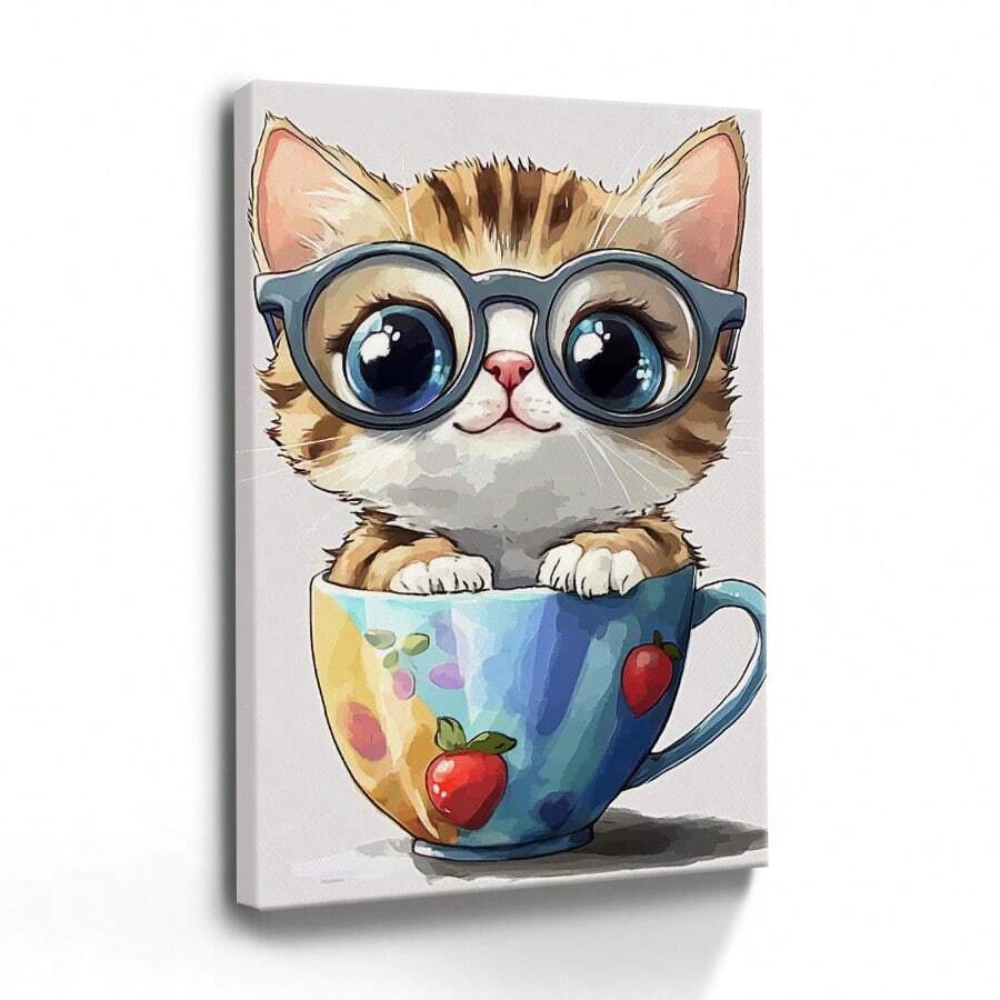1 Pc, A Cute Happy Smiling Baby Cat Wearing Large Glasses Sits Inside, Original, Canvas, Wall Art, Living Room Wall Decorations, Bedrooms, Bathrooms, Frame Poster Art Prints, Hanging Paintings, Home Decoration, Festivals. Home