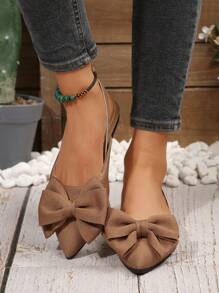 Women's Pointed Toe Slingback Loafers With Bowknot Decor, Elastic Band Design, Casual Comfortable Flat Shoes, Elegant, Charming, Sexy Closed Toe Style - Brown - View 6