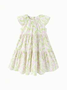 Balabala Tween Girls' Sweet Flutter-Sleeve Dress, 2024 Summer - Red and Green Hue - View 1