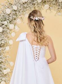 Proste satynowe asymetryczne suknie ślubne z odkrytymi ramionami, długie z kokardą dla kobiet, tren z opadającymi ramionami, suknie balowe z falbaniastym dołem, linia dekoltu, sznurowane plecy, linia A, panna młoda - Biały - Zobacz 4