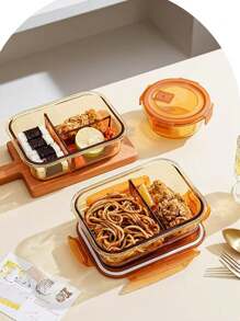 1pc Rectangular Glass Lunch Box, Microwavable Meal Container, Office Worker Food Storage Box, Round Shape