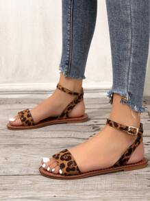Women's Versatile Lightweight Casual Sandals, Metal Buckle Strap Flat Beach Shoes, Summer - Leopard - View 2